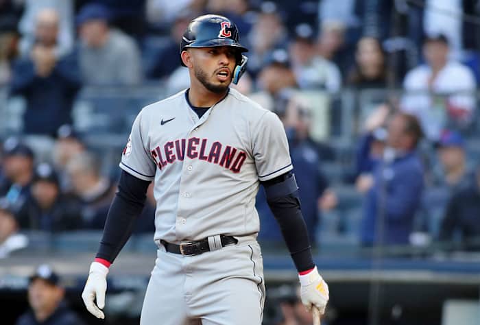 Oct 18, 2022; Bronx, New York, USA; Cleveland Guardians first baseman Gabriel Arias (8) reacts after striking out against the New York Yankees during the second inning in game five of the ALDS for the 2022 MLB Playoffs at Yankee Stadium. Mandatory Credit: Wendell Cruz-USA TODAY Sports